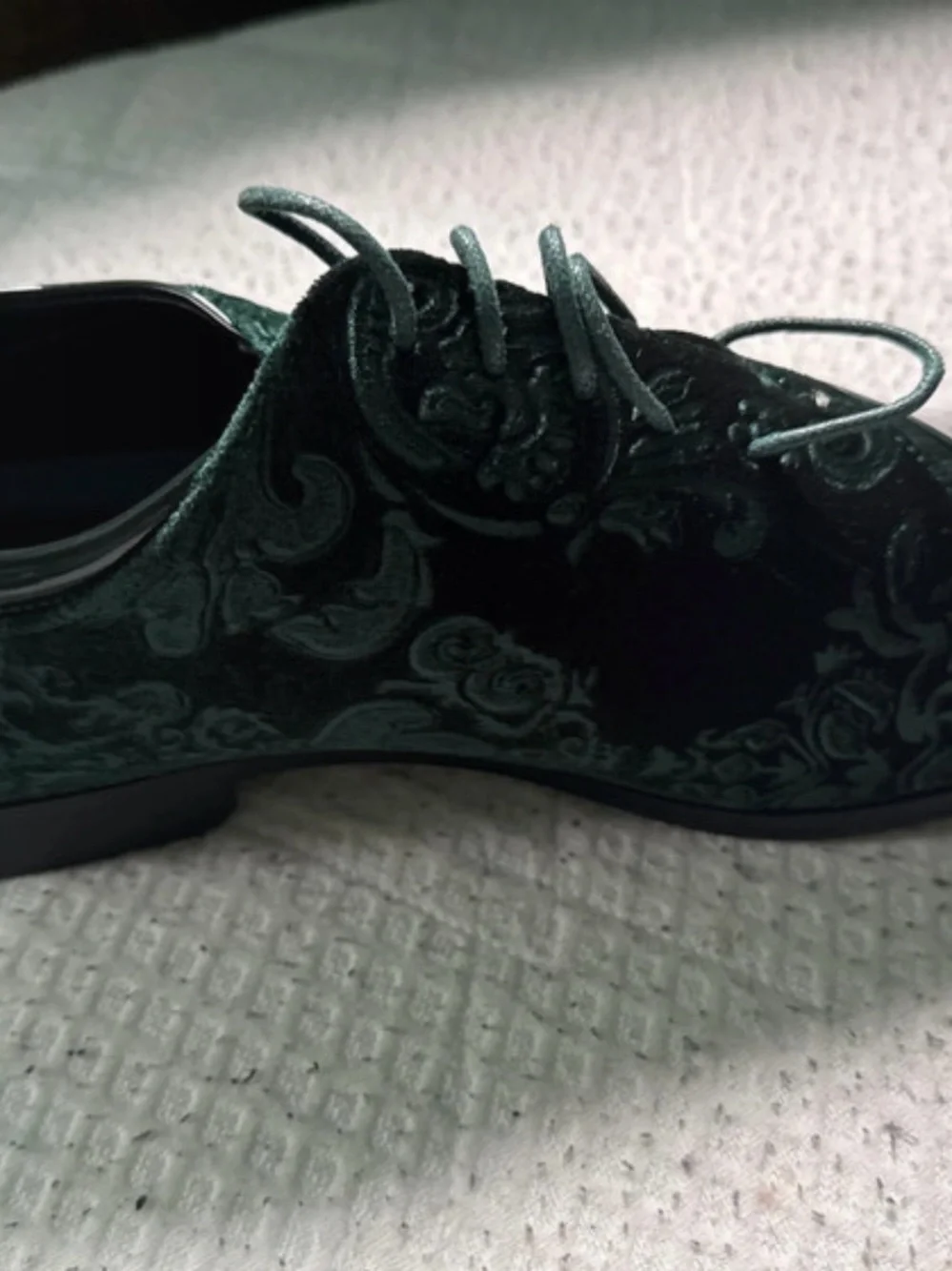 Green Brocade & Patent Lace-Up Oxfords
